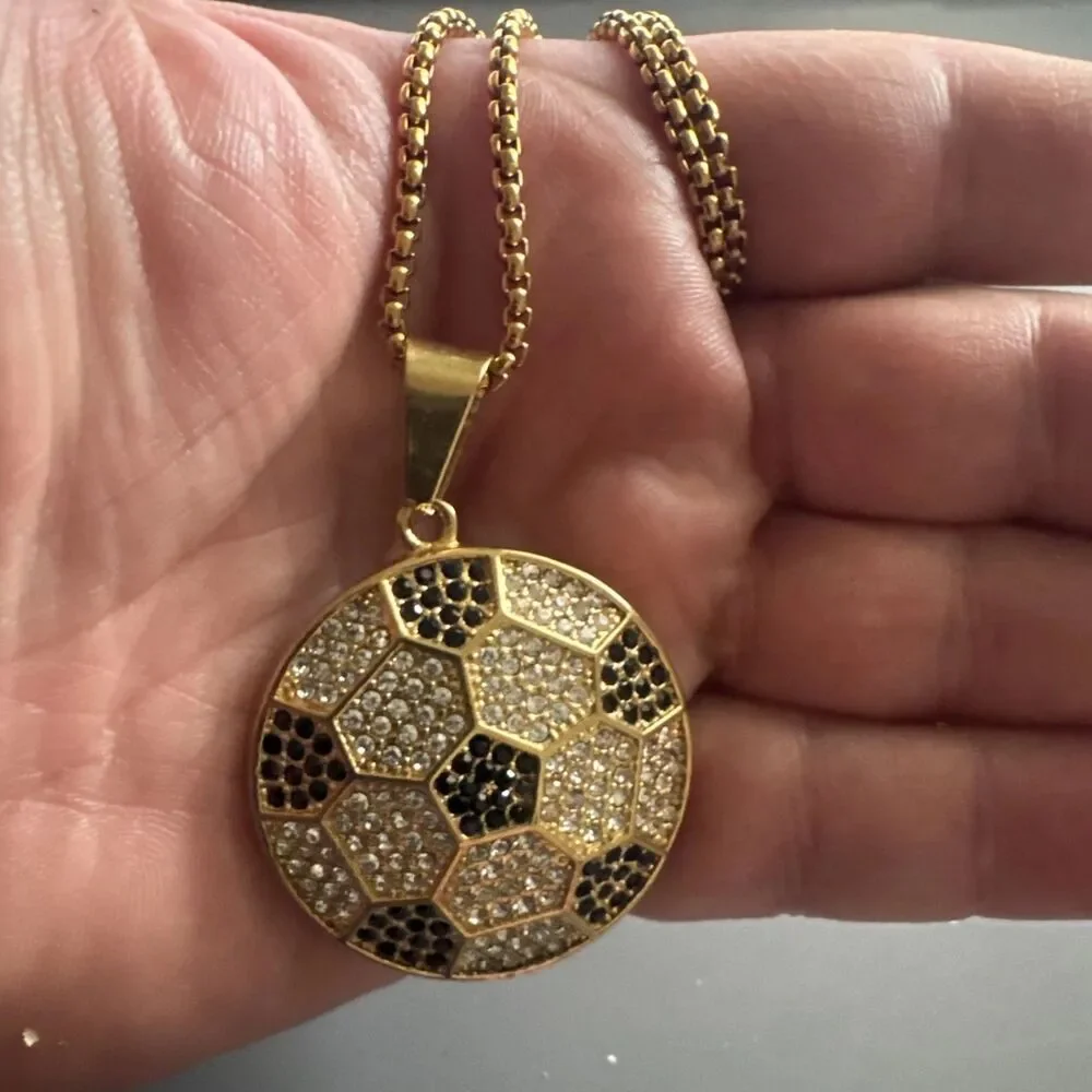 Stainless Steel Soccer Football Pendant 24” Chain World Cup Gold Cubic Zirconia